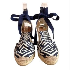 Navy and White Tory Burch Espadrille Wedges